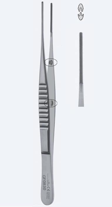 Пінцети атравматичні для тканин De Bakey Anti-Cross, із Safety Pin та Press Stopper, кінчик 1,5 мм, довжина 300 мм. Бренд - Asanus Medizintechnik Gmb, Німеччина